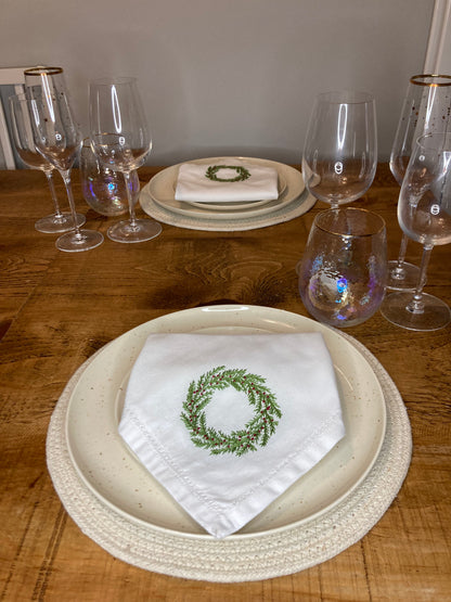 Christmas Wreath Embroidered Hemstitch Napkin