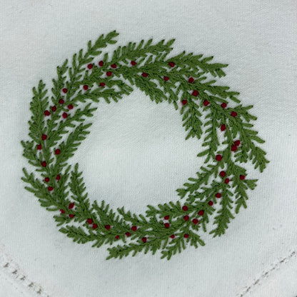 Christmas Wreath Embroidered Hemstitch Napkin