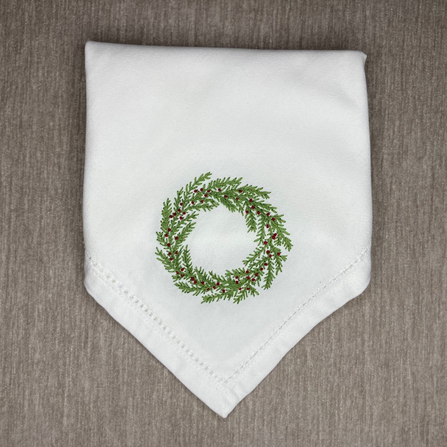 Christmas Wreath Embroidered Hemstitch Napkin