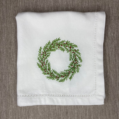 Christmas Wreath Embroidered Hemstitch Napkin