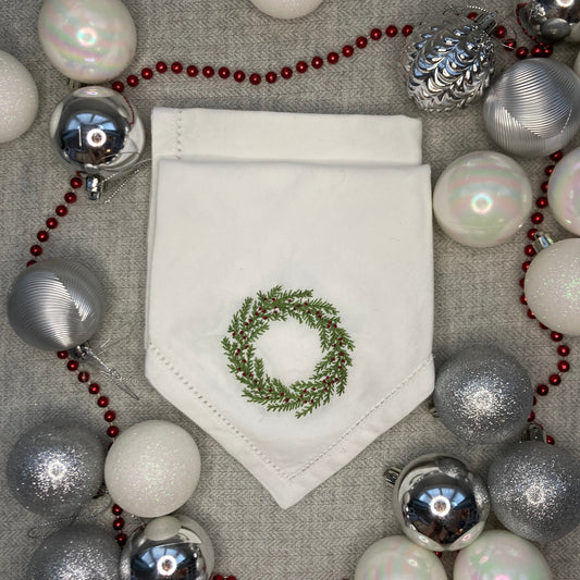 Christmas Wreath Embroidered Hemstitch Napkin